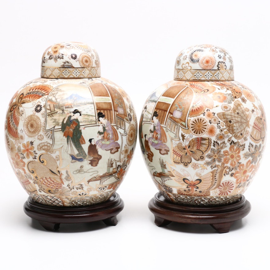 Japanese Style Satsuma Ceramic Lidded Vessels on Wooden Stands