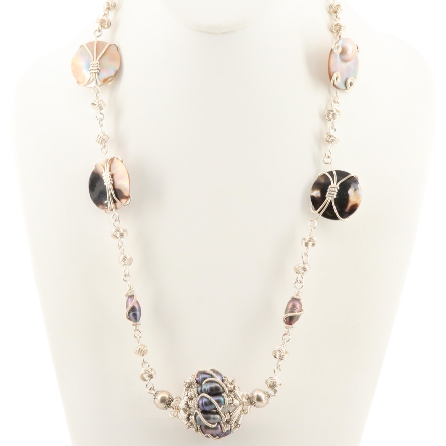 Sterling Necklace with Cultured Pearl, Mabé Cultured Pearl and Mother of Pearl