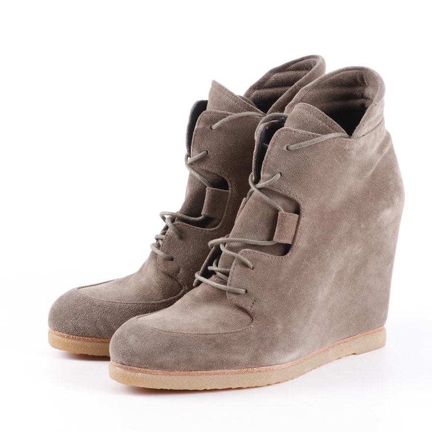 Stuart Weitzman Kidstuff Taupe Suede Wedge Booties