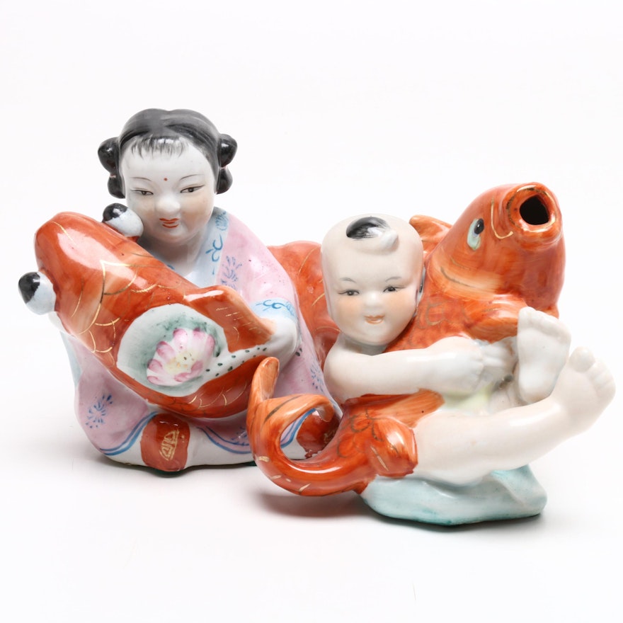 Chinese Babies with Koi Porcelain Figurines
