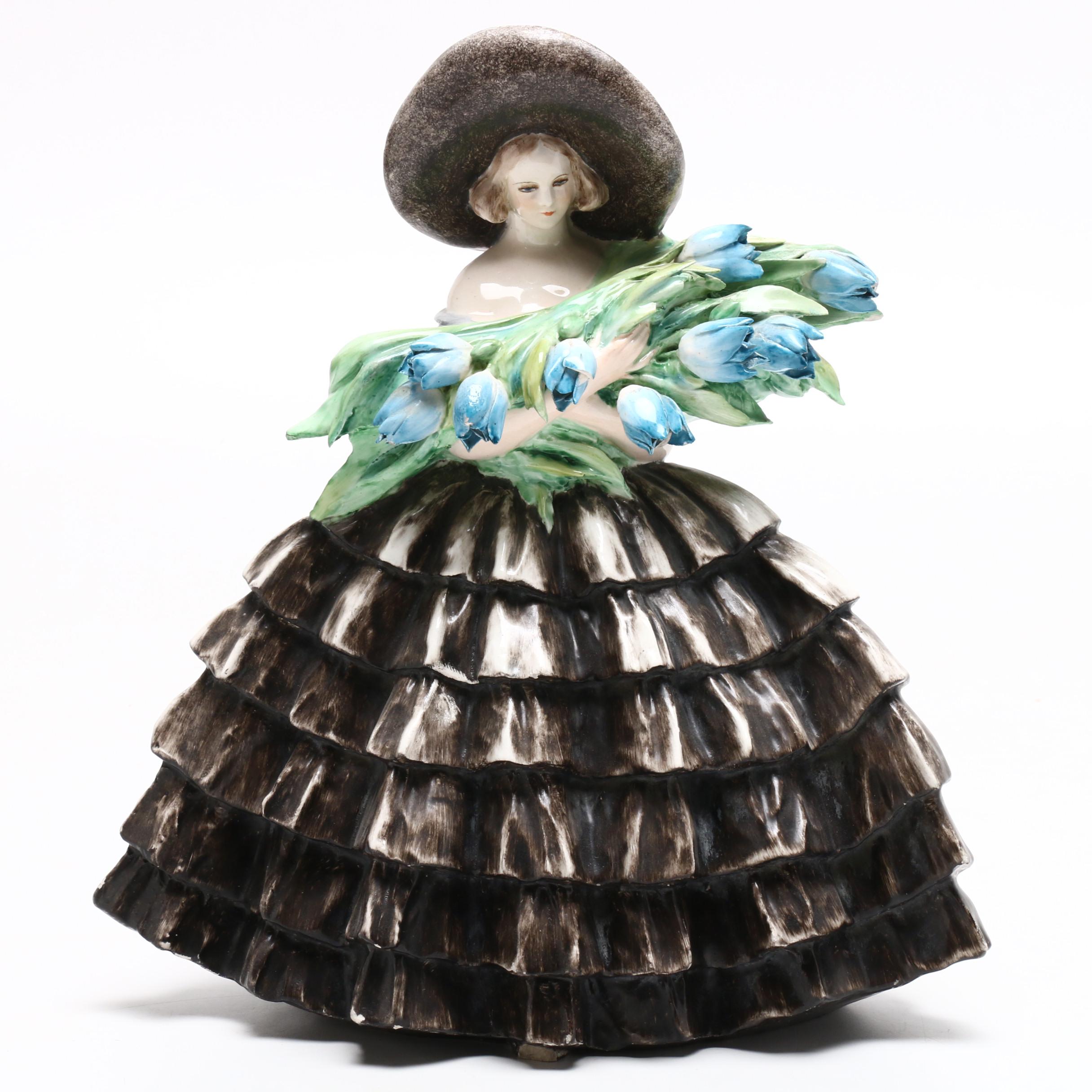 Hand-Painted Italian Porcelain Woman Figurine Holding Flowers, Circa 1960s