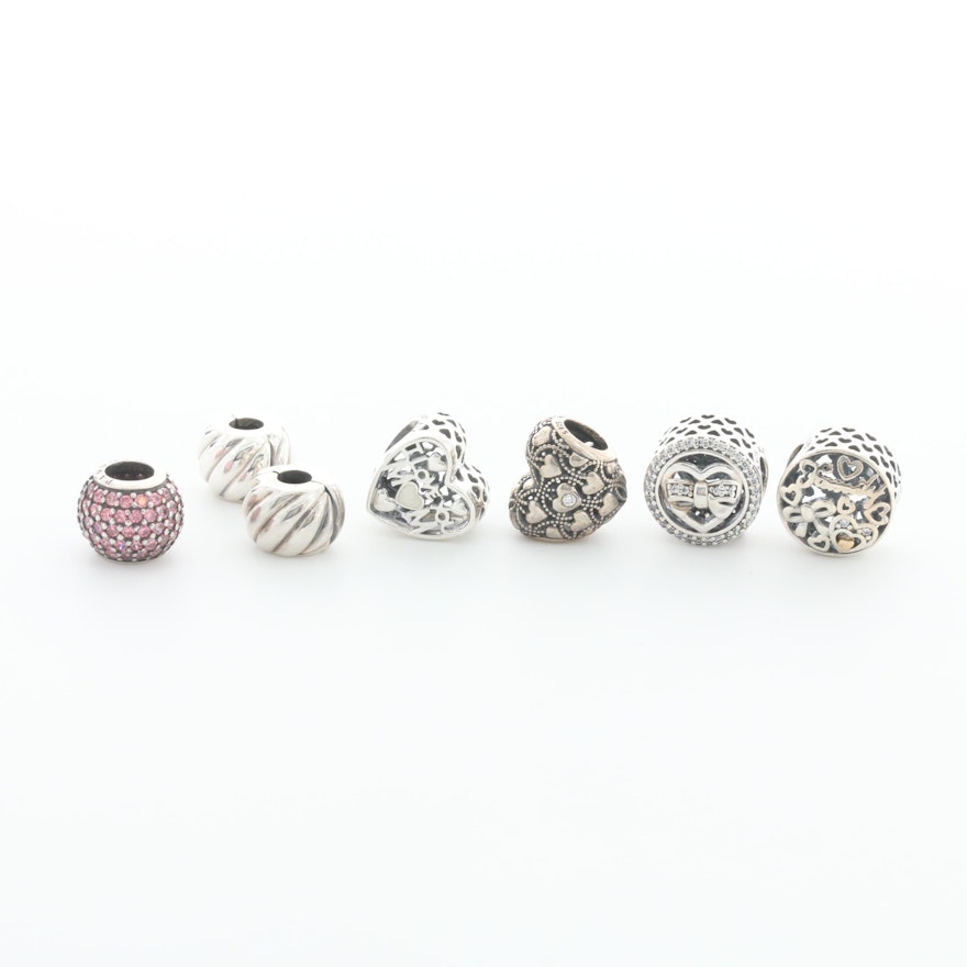 Seven Pandora Sterling Silver Cubic Zirconia Enamel Charm Beads