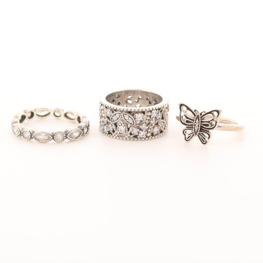 Three Pandora Sterling Silver Cubic Zirconia Rings