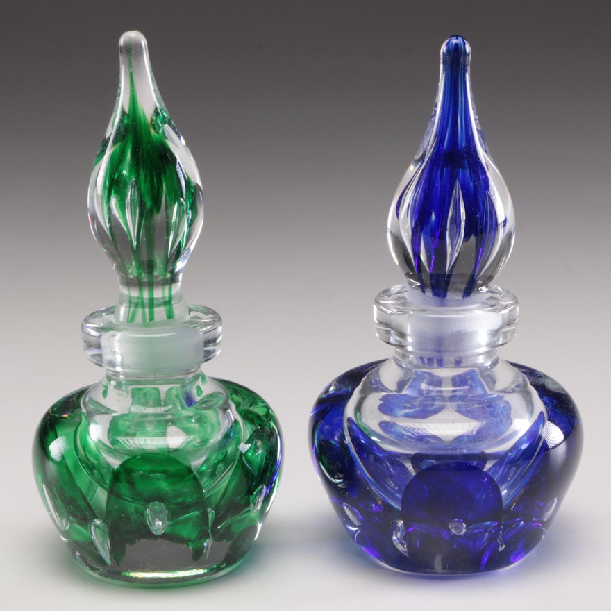 Joe Zimmerman Blown Glass Green and Blue Glass Inkwells, circa 1979