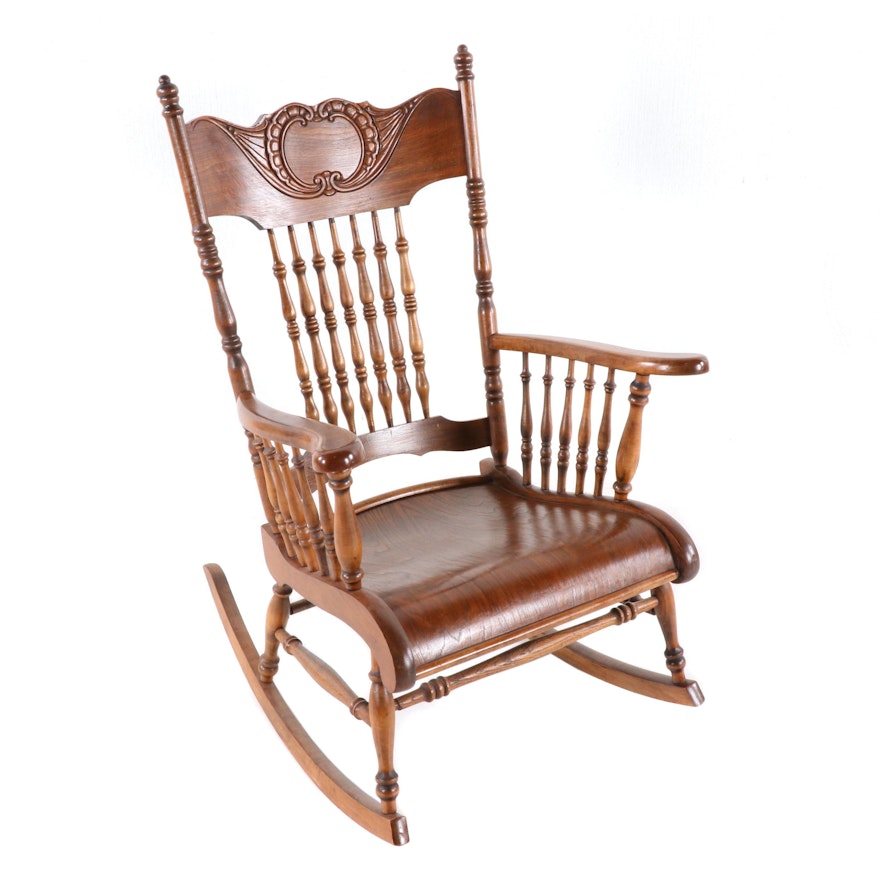 Late Victorian Press-Carved Ash Rocking Chair, Early 20th Century