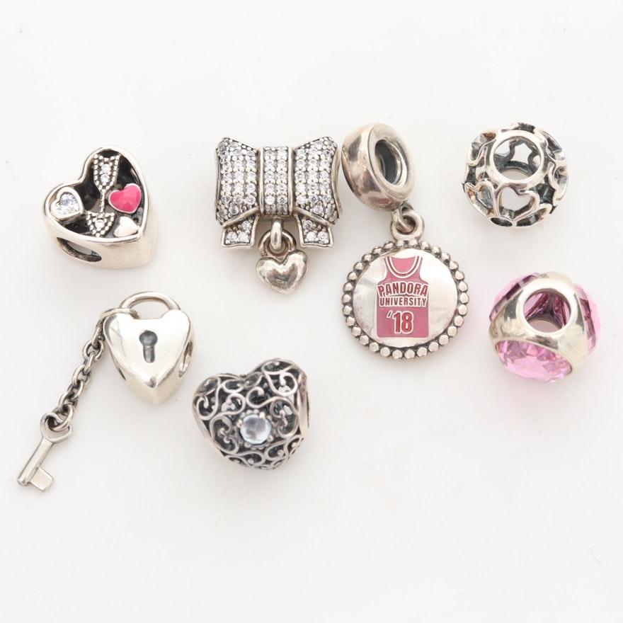 Seven Pandora Sterling Silver Cubic Zirconia and Enamel Charm Beads