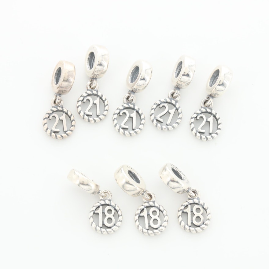 Eight Pandora Sterling Silver Number Charms