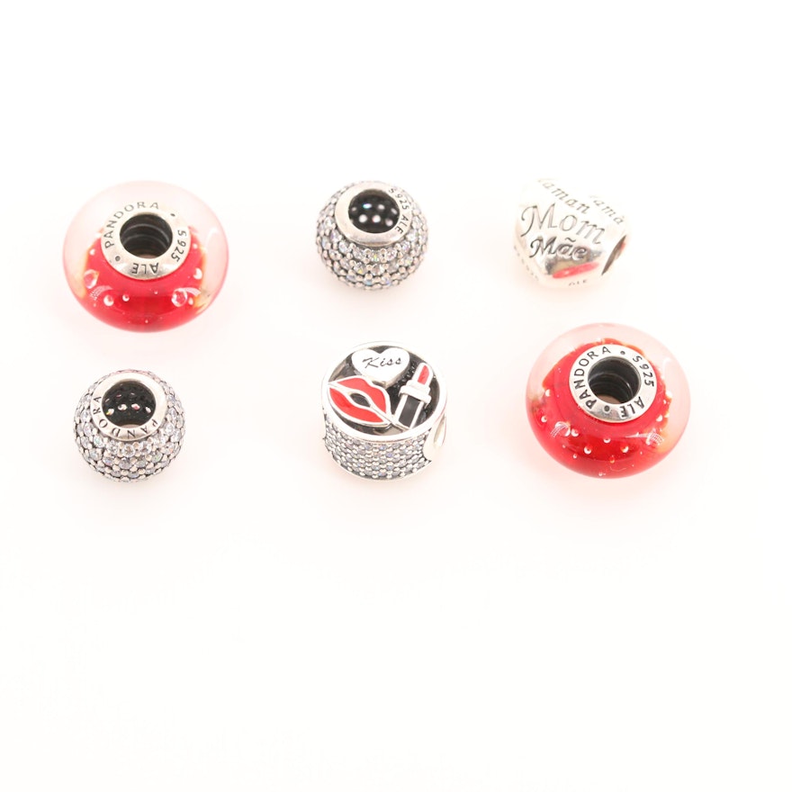 Six Pandora Sterling Silver Cubic Zirconia, Glass and Enamel Charms Beads