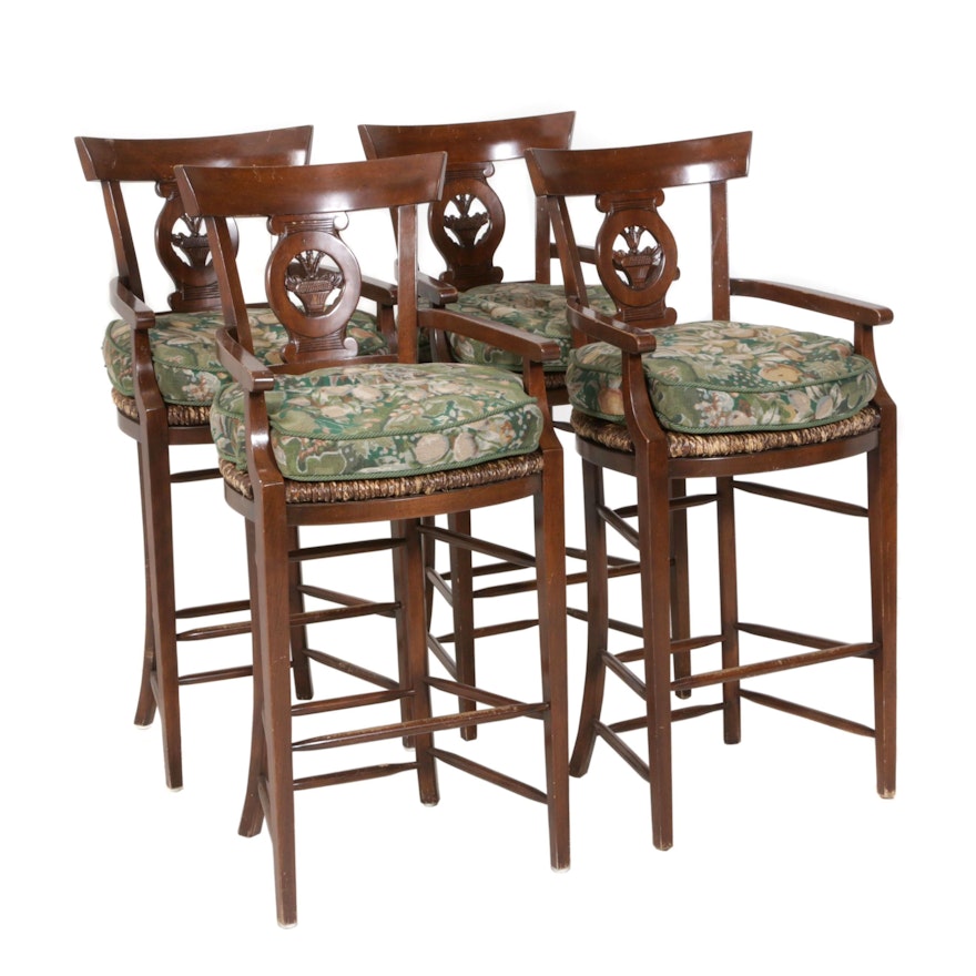 Four William Switzer Handcrafted Upholstered Bar Stools with Matching Curtains