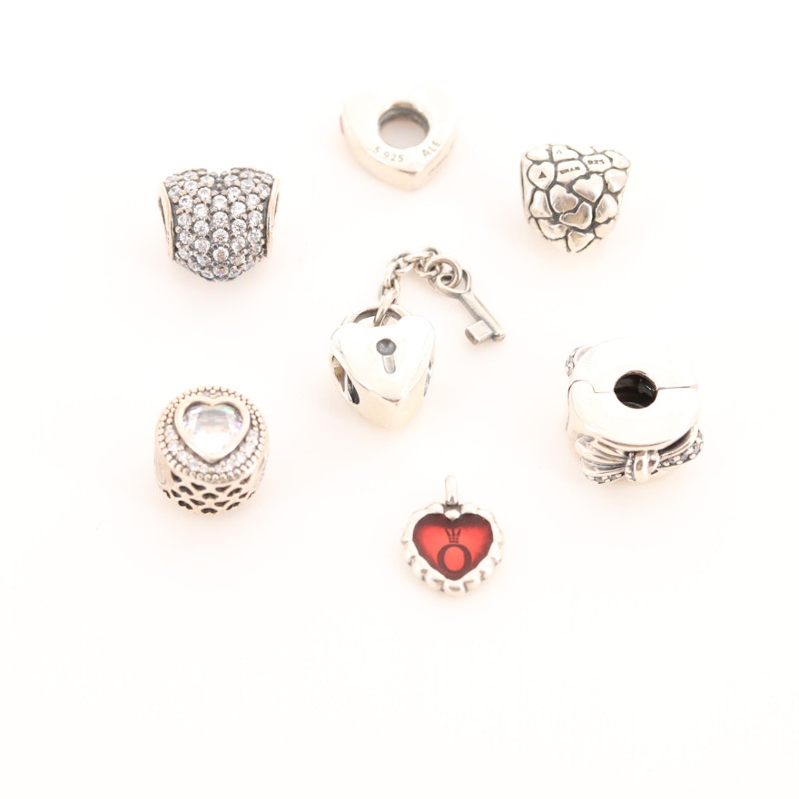 Seven Pandora Sterling Silver Cubic Zirconia and Enamel Charms