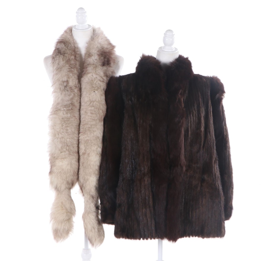 Corded Mink and Fox Fur Jacket and Fox Fur Stole