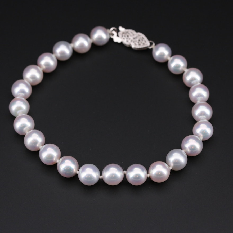 Cultured Pearl Individually Knotted Beaded Bracelet with 14K White Gold Clasp