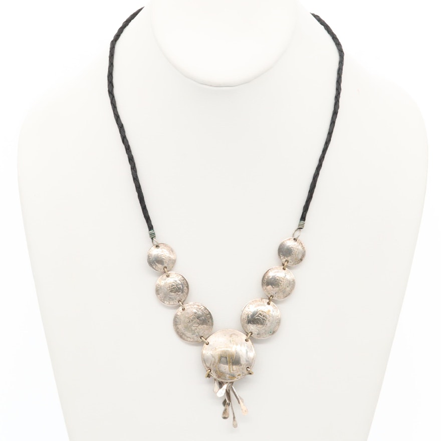 Silver Tone Necklace Featuring Peruvian Brass Coins