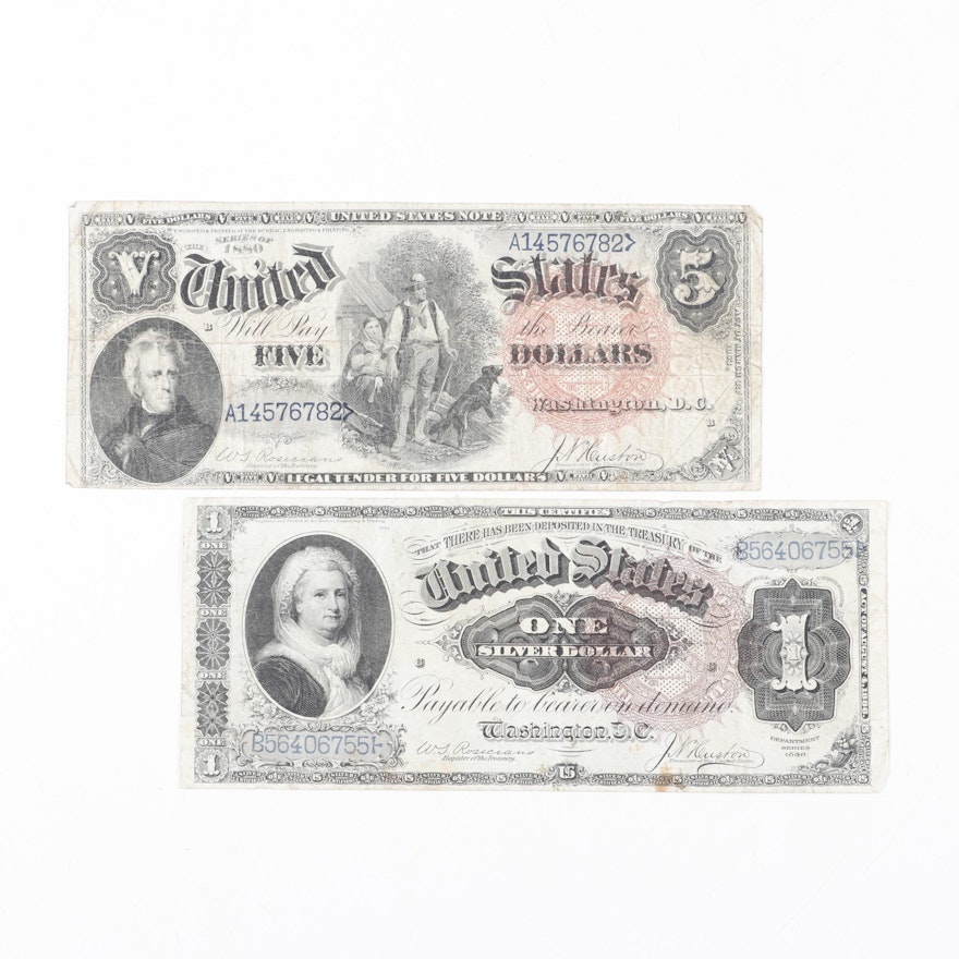 United States Series 1880 $5 Legal Tender Note and 1886 $1 Silver Certificate