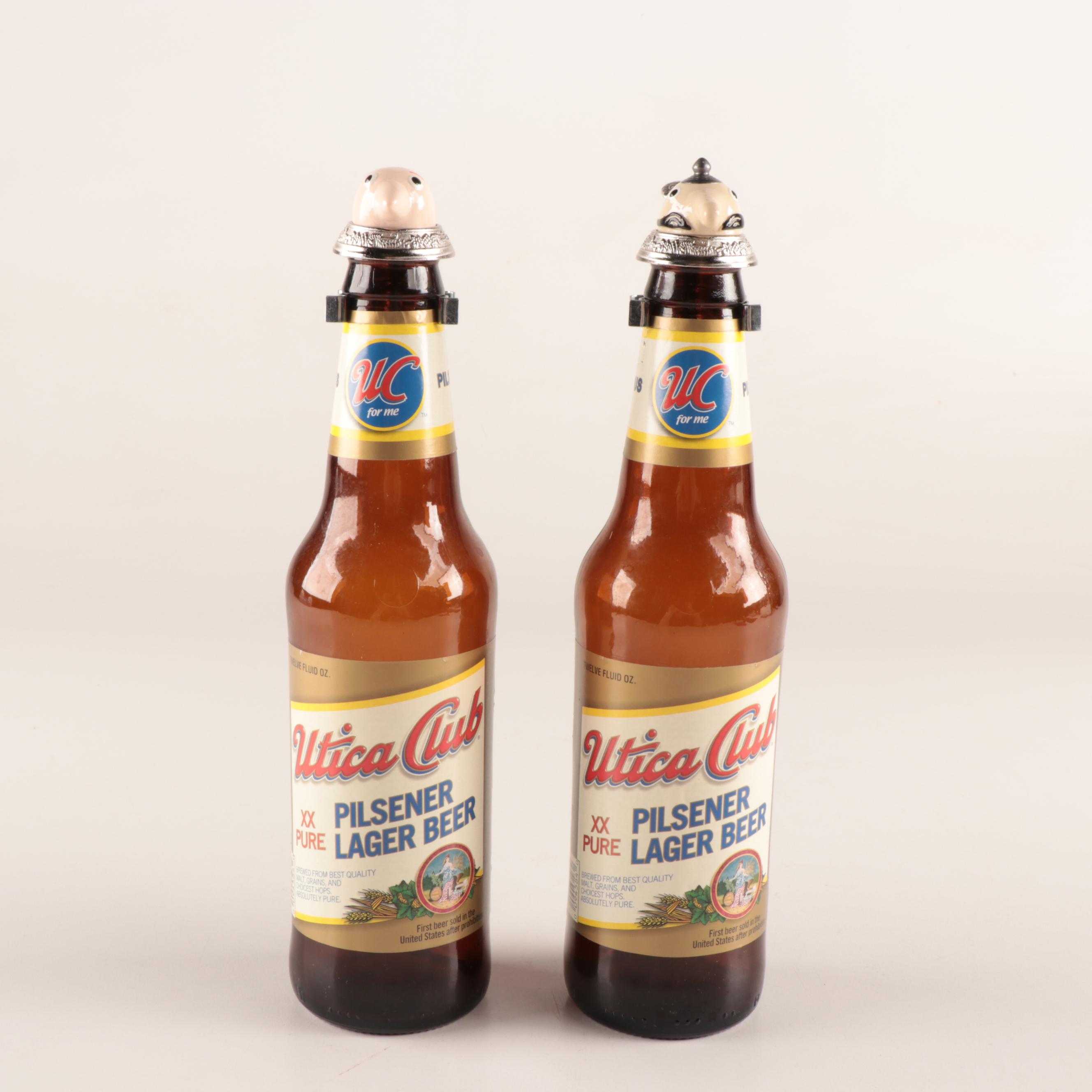 "Schultz & Dooley" Beer Bottle Stein Toppers with Utica Club Beer Bottles