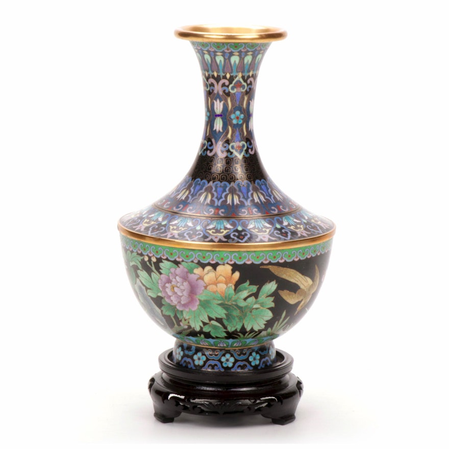 Chinese Cloisonné Vase with Carved Wooden Stand