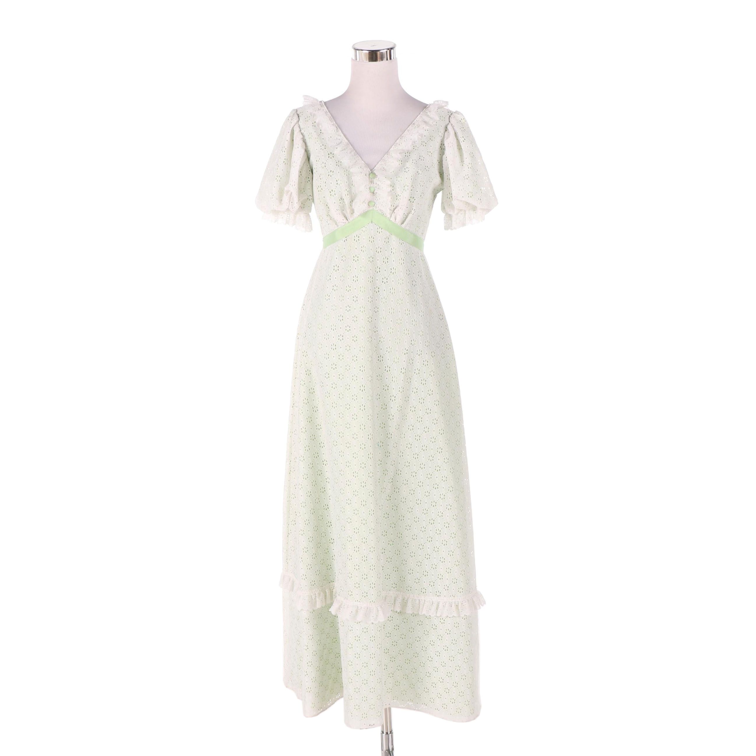 Eyelet Lace Empire Waist Dress with Puff Sleeves, Vintage