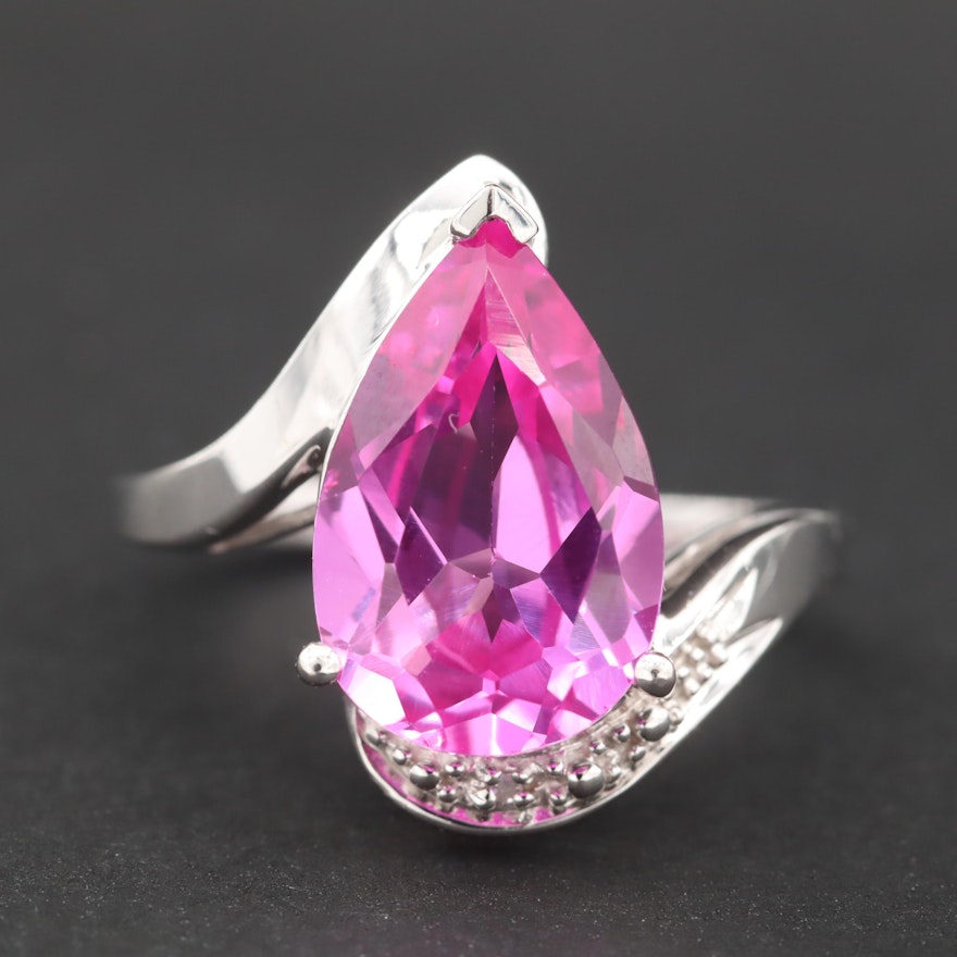 14K White Gold Synthetic Pink Sapphire and Diamond Ring