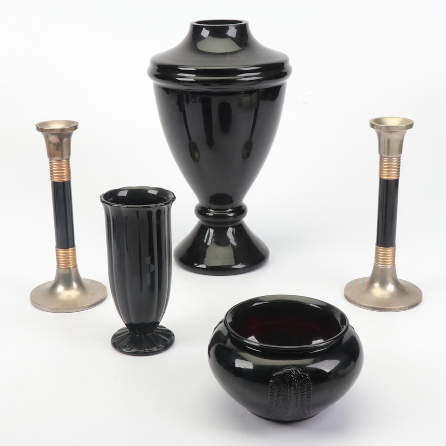Gold and Silver Plated Candlesticks with Black Glass Vases