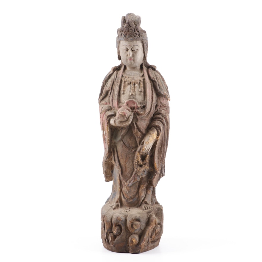 Chinese Polychrome Carved Wood Full Figure Bodhisattva Sculpture