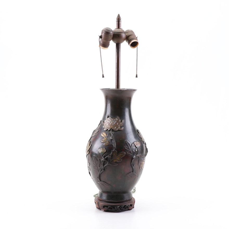 Converted Japanese Patinated Bronze Vase Table Lamp with Champleve Floral Design