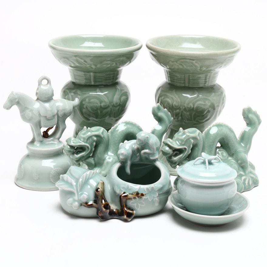 Chinese Celadon Ceramic Candle Holders, Sugar Bowl, and More