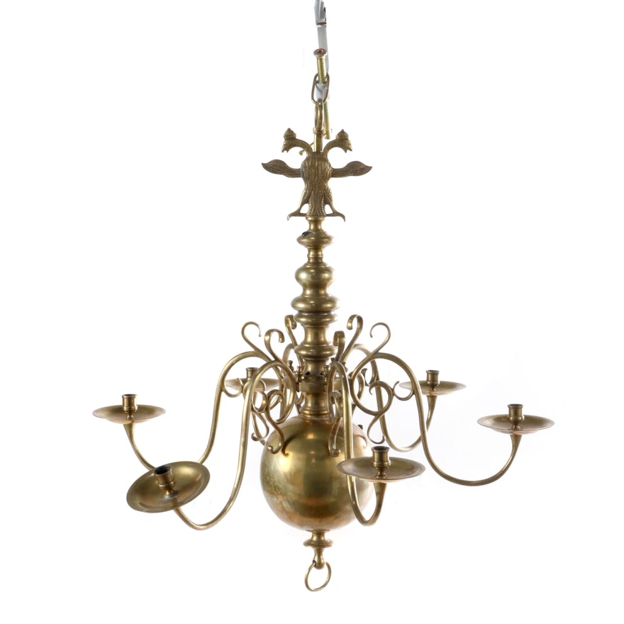 Continental Dutch Baroque Brass Chandelier with Double-Headed Eagle Finial