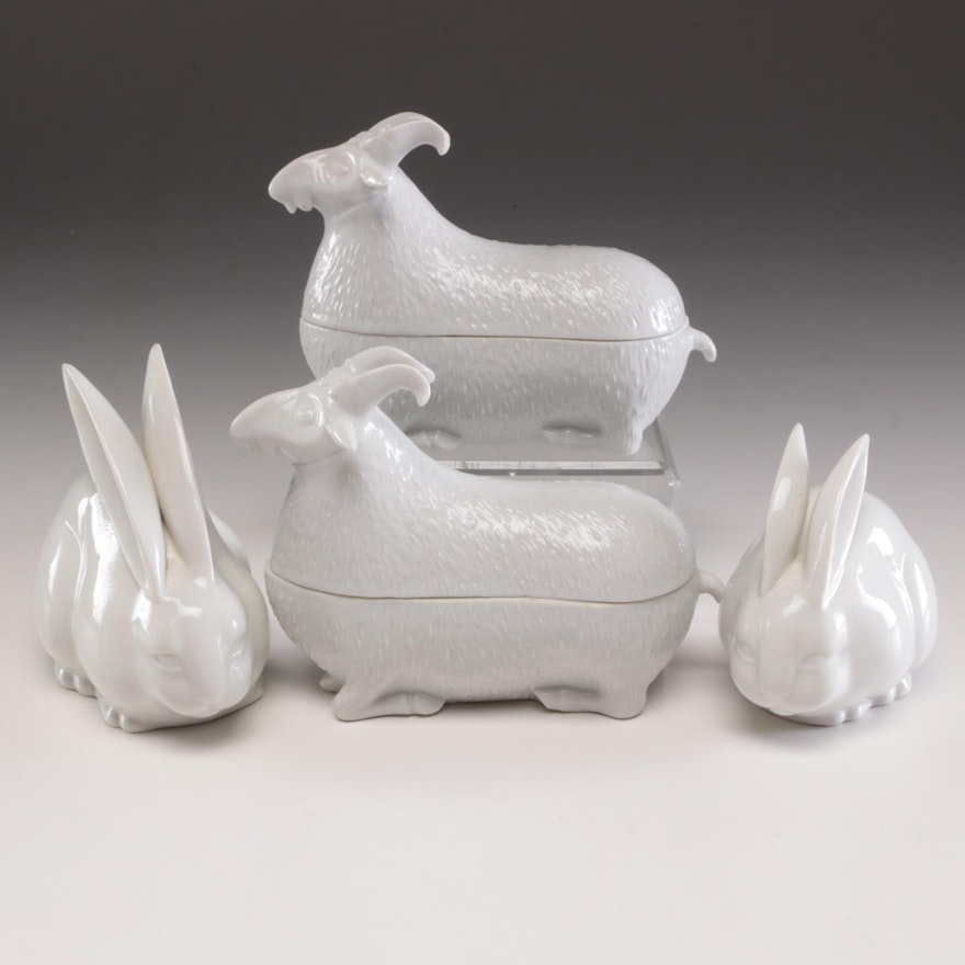 Mottahedeh Style Goat Themed Porcelain Trinket Boxes and Other Figurines