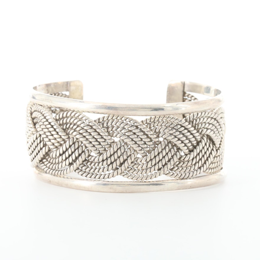 Sterling Silver Braided Rope Motif Cuff Bracelet