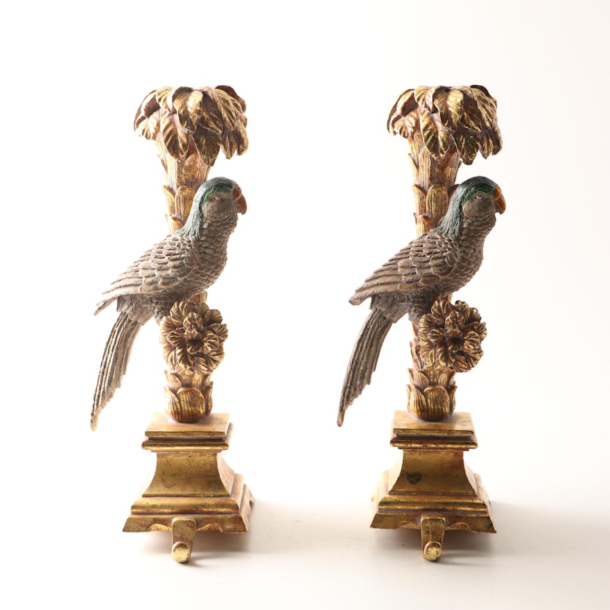 Gilt Composite Parrot Candlestick Mantel Hooks, Contemporary