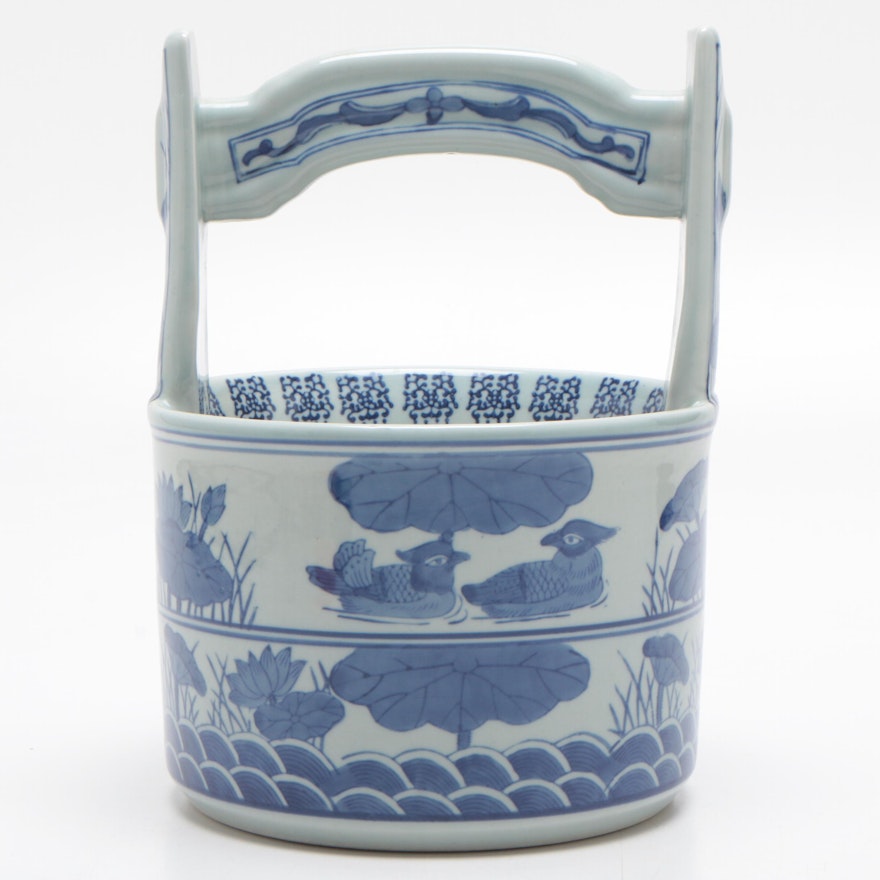 Chinese Ceramic Basket with Duck and Lotus Motif, Late 20th Century