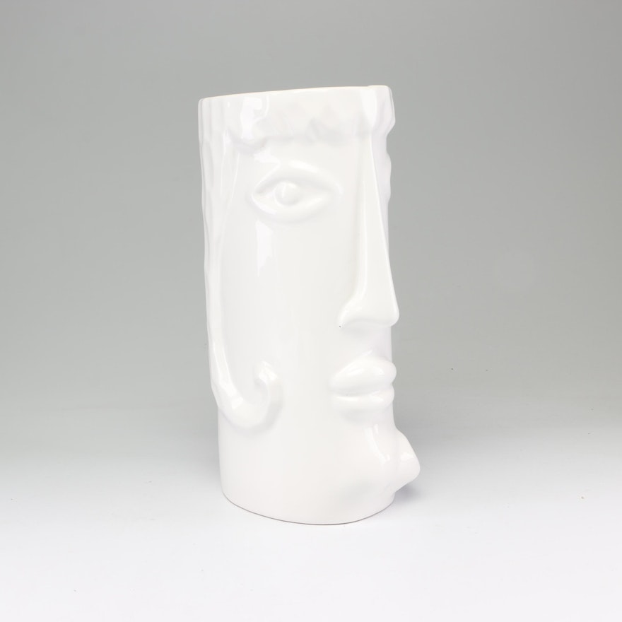 White Ceramic Figural Two-Sided Face Vase, Contemporary