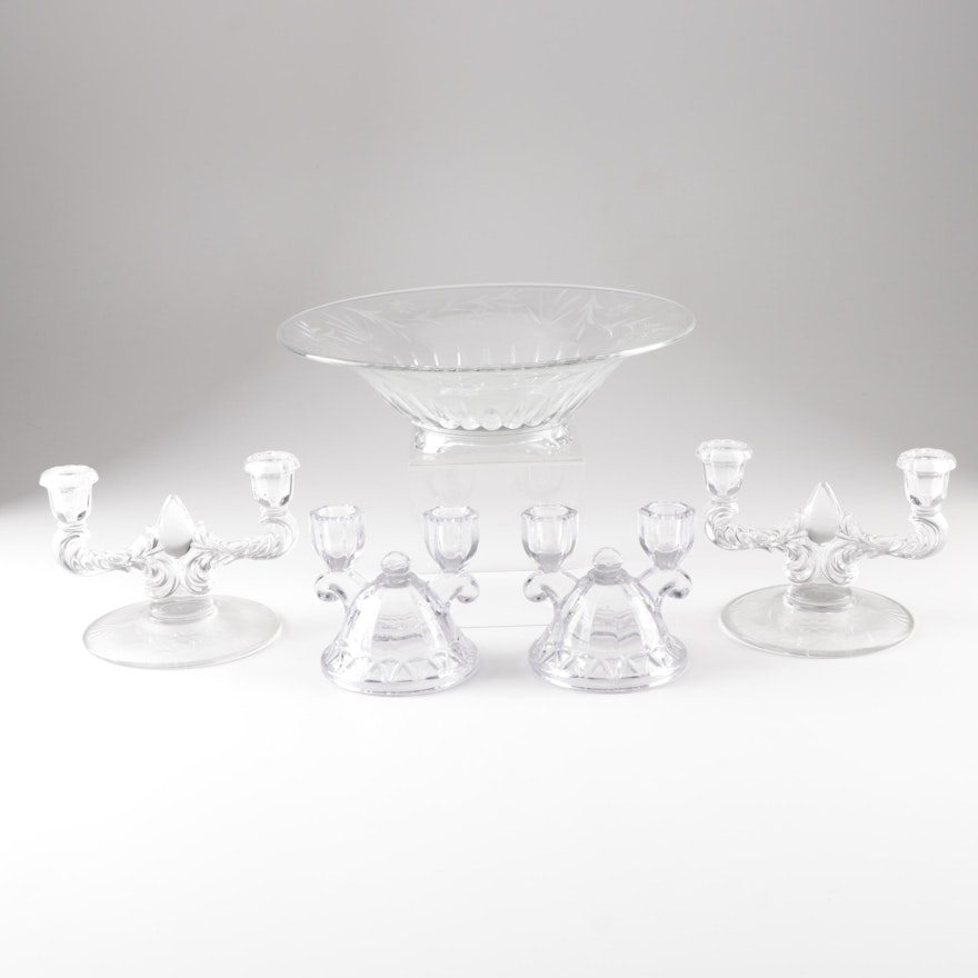 New Martinsville Console Set and Imperial Glass "Crocheted Crystal" Candlesticks