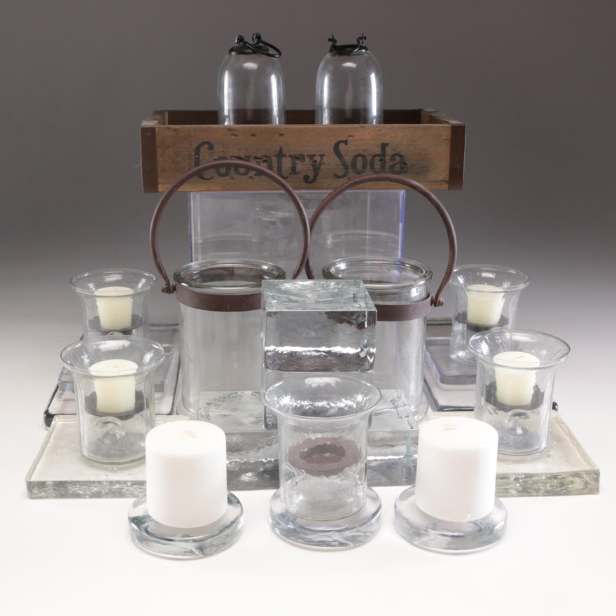 Tender Heart Treasures Wooden Crate, Glass Candle Holders, and Glass Blocks