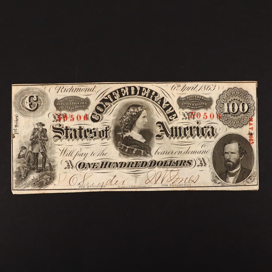 T-56 $100 Confederate States of America Obsolete Currency Note