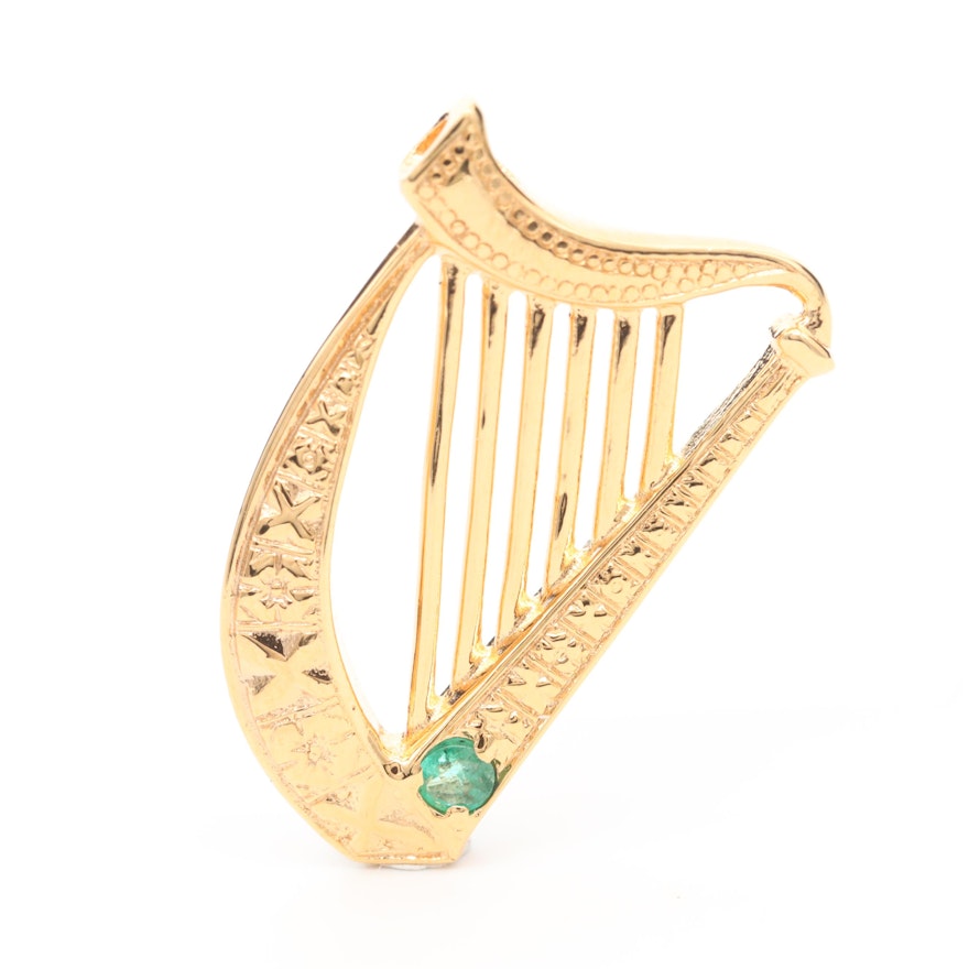 Gold Wash on Sterling Silver Emerald Irish Harp Pendant