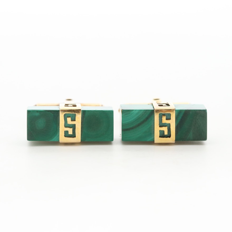 10K Yellow Gold Square Malachite Bar Cufflinks