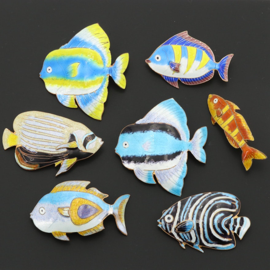 Sterling Silver Cloisonné Fish Brooches