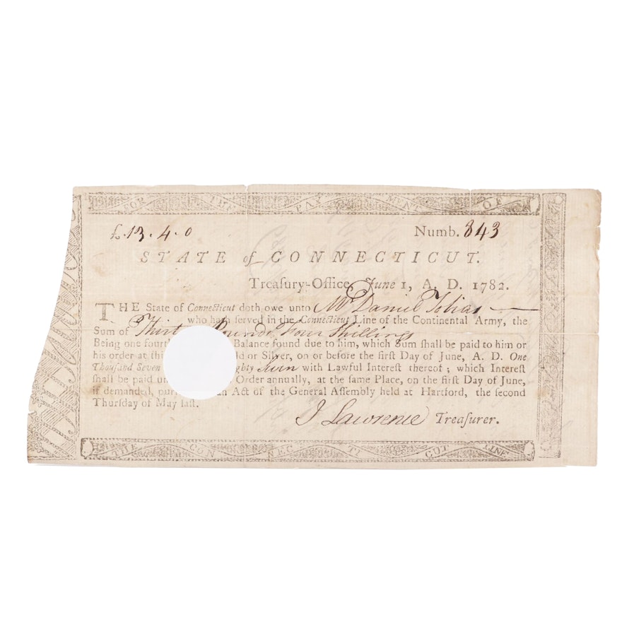 1782 Connecticut Continental Army Line Bond Certificate