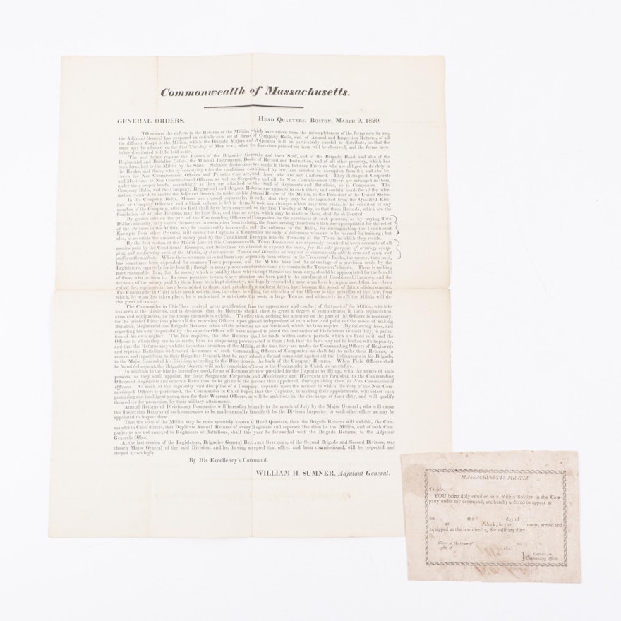 Massachusetts Militia Broadside with Declaration by William H. Sumner