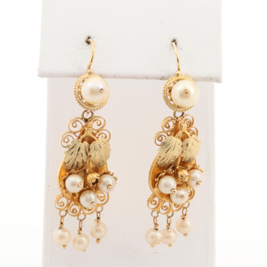 Cultured Pearl Dangle Earrings with 10K Yellow Gold Ear Wire