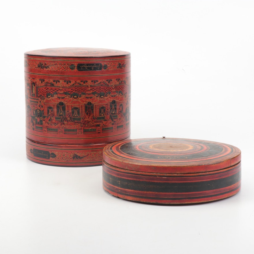 Burmese Hand-Painted Lacquerware Betel Box and Wooden Teacup Box, Antique