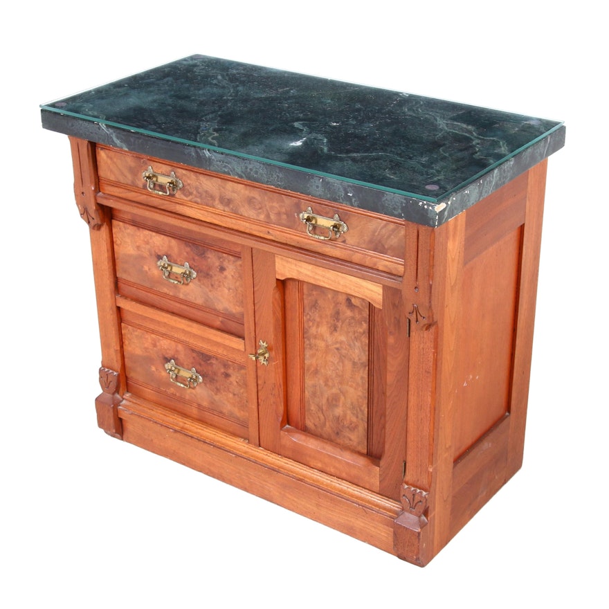 Wooden Washstand with Faux Marble and Glass Top