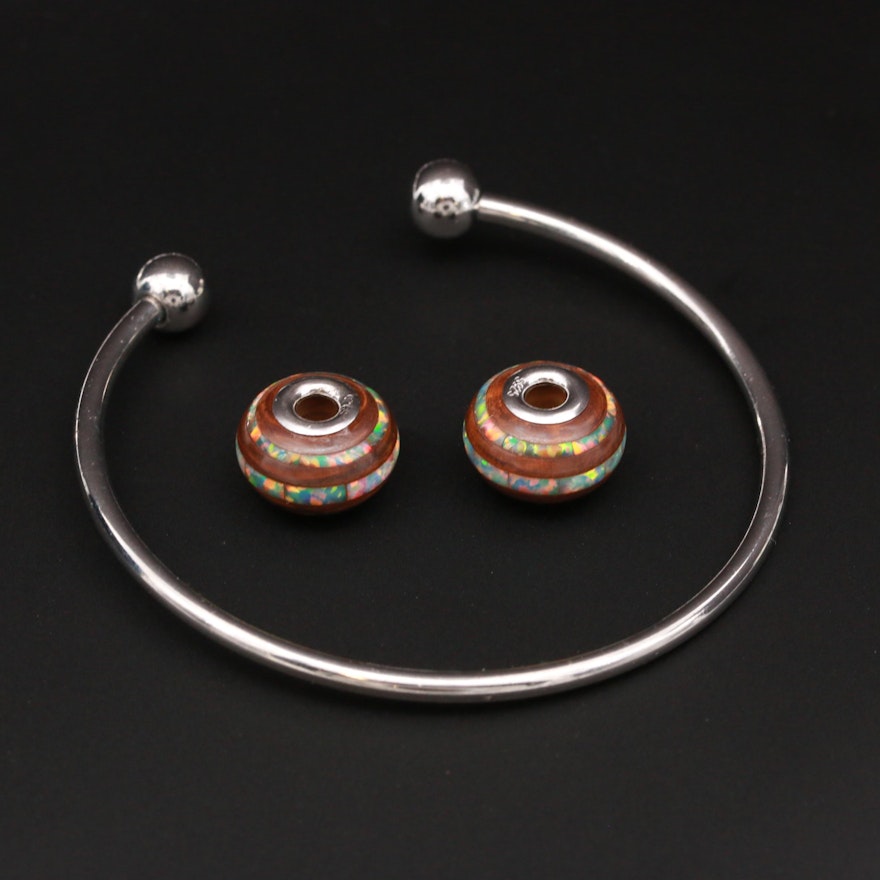 Sterling Silver Synthetic Opal and Jasper Beads With Silver Tone Cuff Bracelet