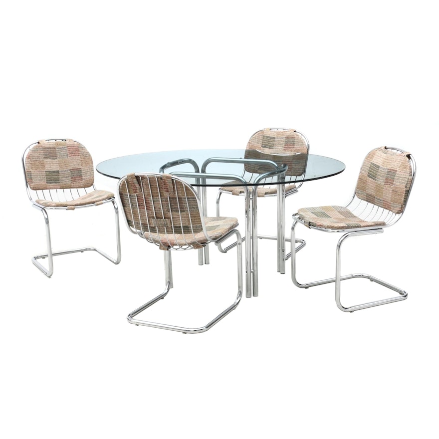Mid Century Modern Metal Wire Cantilever Chairs and Glass Dining Table