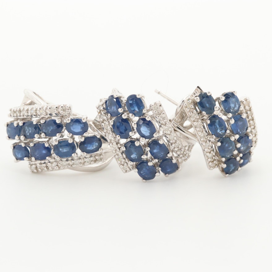 14K White Gold Sapphire and Diamond J-Hoop Earrings