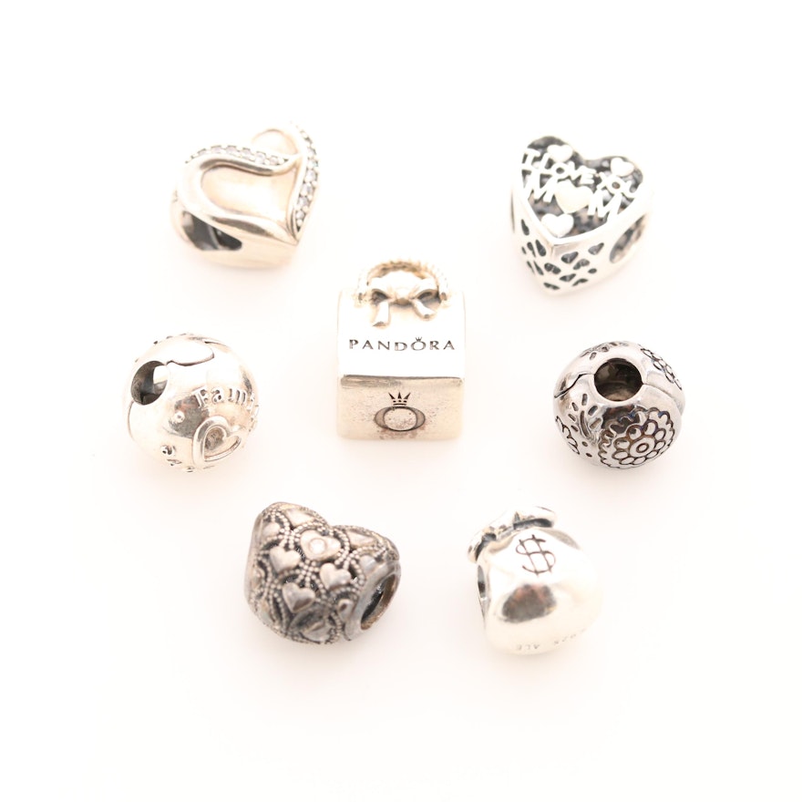 Seven Pandora Sterling Silver Diamond and Cubic Zirconia Charm Beads