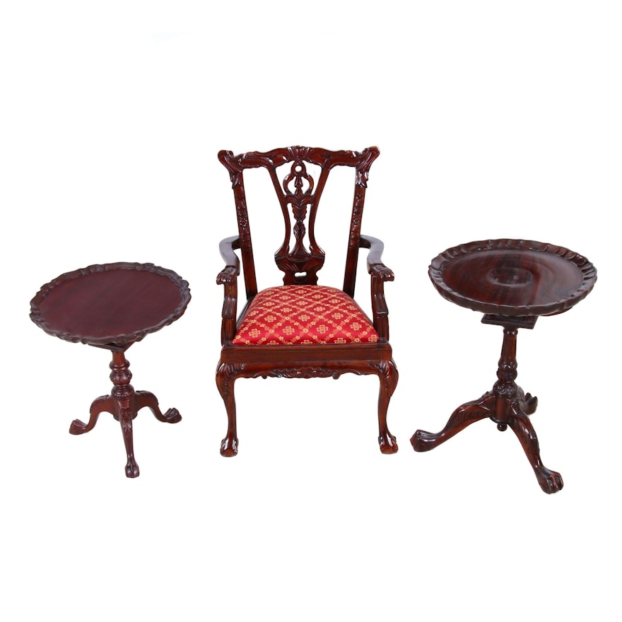 Diminutive Chippendale Style Mahogany Chair and Tables, Mid to Late 20th Century