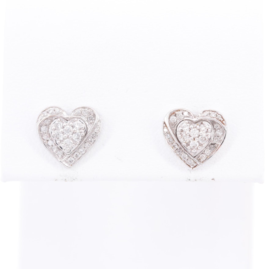 14K White Gold Diamond Heart Stud Earrings