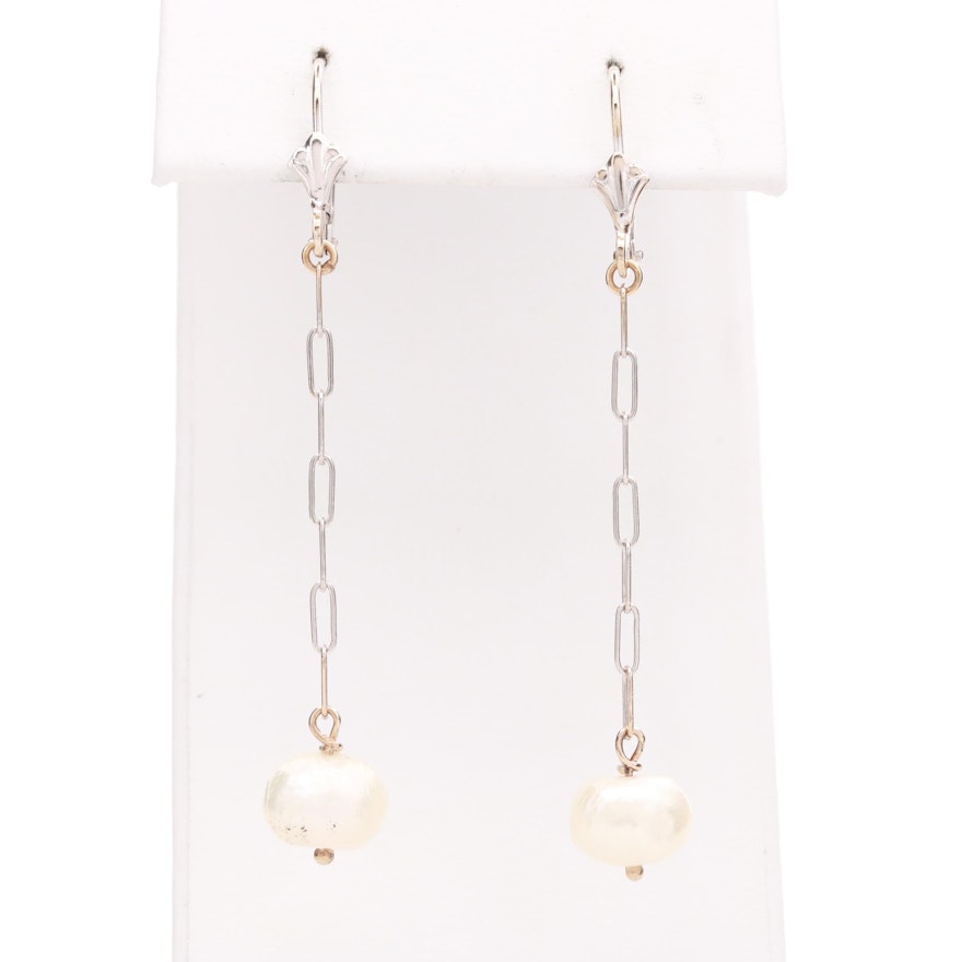 14K White Gold Cultured Pearl Dangle Earrings